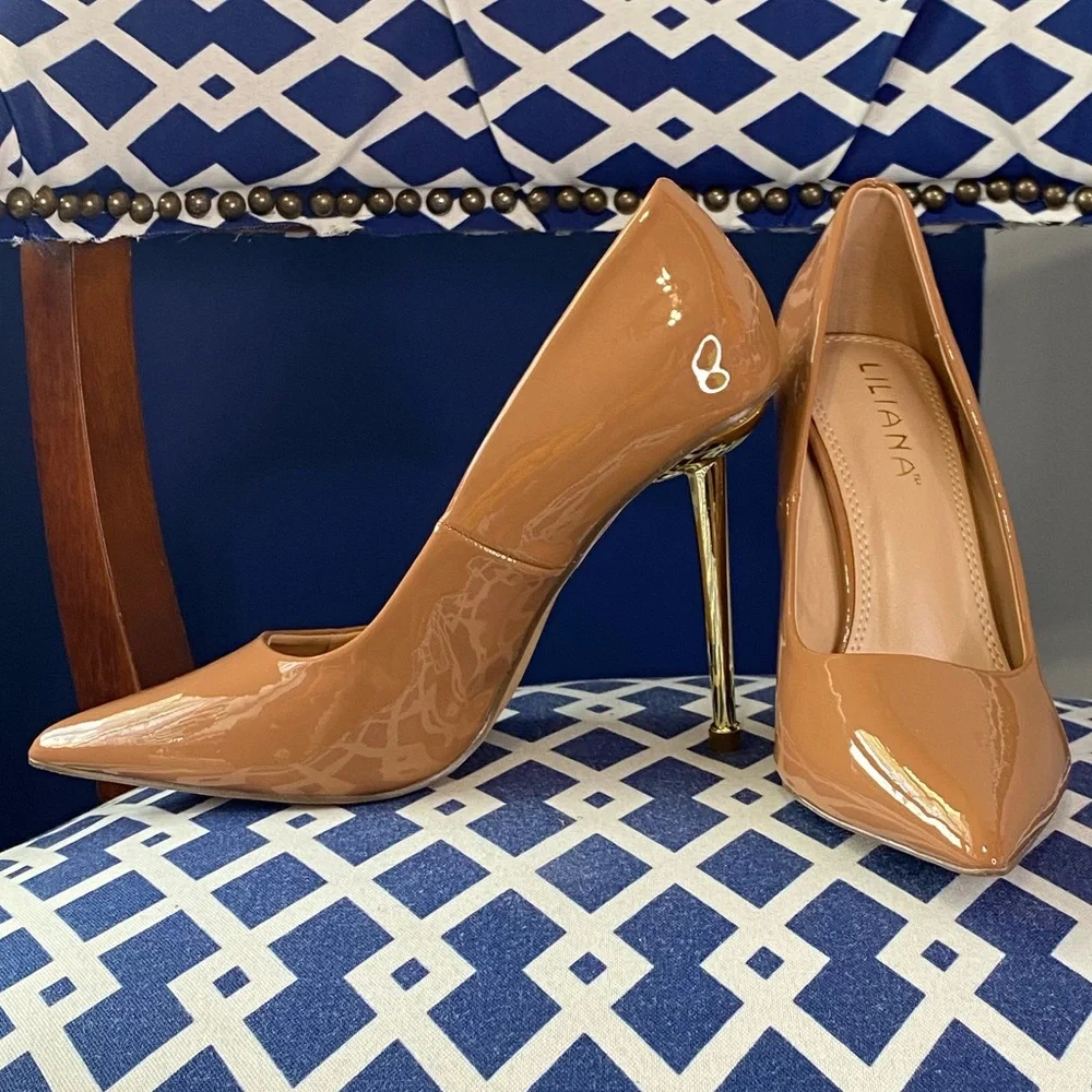 Cognac brown gold pointed classic high heel pumps sz 10 - Picture 1 of 8